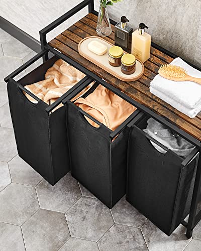 VASAGLE Cesto para Ropa Sucia, Cesta Colada, 3 Bolsas Colada de Tela Oxford, 3 x 40 L, 92.5 x 33 x 72 cm, Negro Tinta y Marrón Rústico MBLH301B01V1