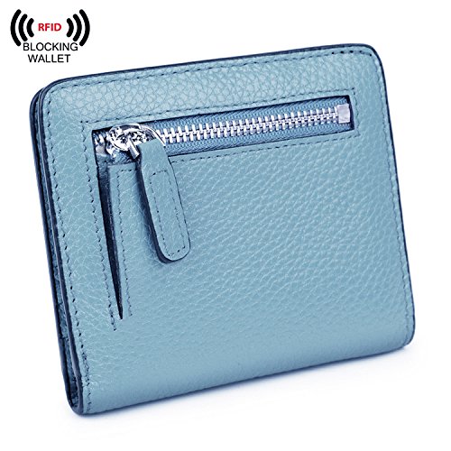 BIG SALE-AINIMOER Women's RFID Blocking Leather Small Compact Bifold Pocket Wallet Ladies Mini Purse with id Window (Gray Blue)
