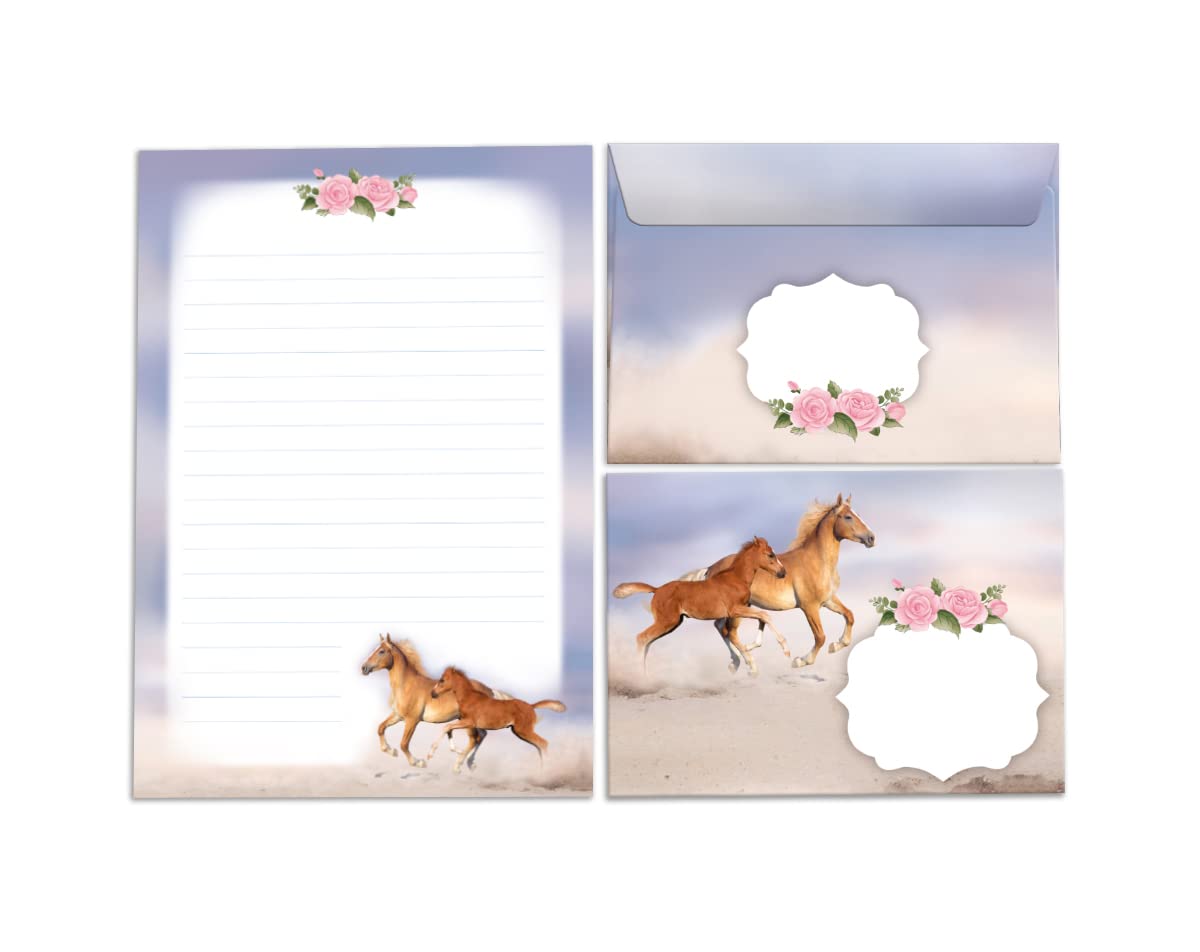 Junapack Writing Paper Set for Girls with Foil Horse and Foal (A5 Pad with 25 Sheets + 15 Envelopes, Breifblock + 15 envelopes)
