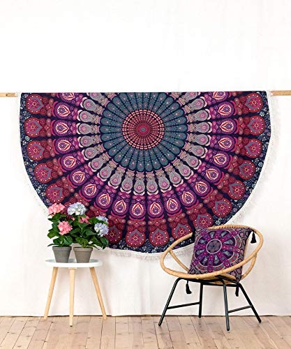 AVA Collections Large COTTON ROUND Mandala Beach Roundie Throw Tapestry Mandala Décor Yaga Mat Meditation Picnic Rug [72" inches] (J)