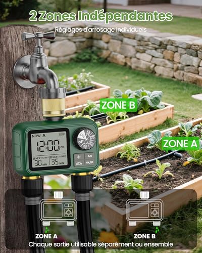 2 Way Water Timer with Brass Input and Outlet, Large LCD Display, Automatic Watering for Garden, Programmable Irrigation, Simple Use, Rain Delay Manual Watering