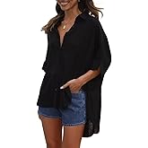 Fashionme Oversized Button Down Shirts for Women 3/4 Sleeve Flowy Ladies Tops Blouses High Low with Slits