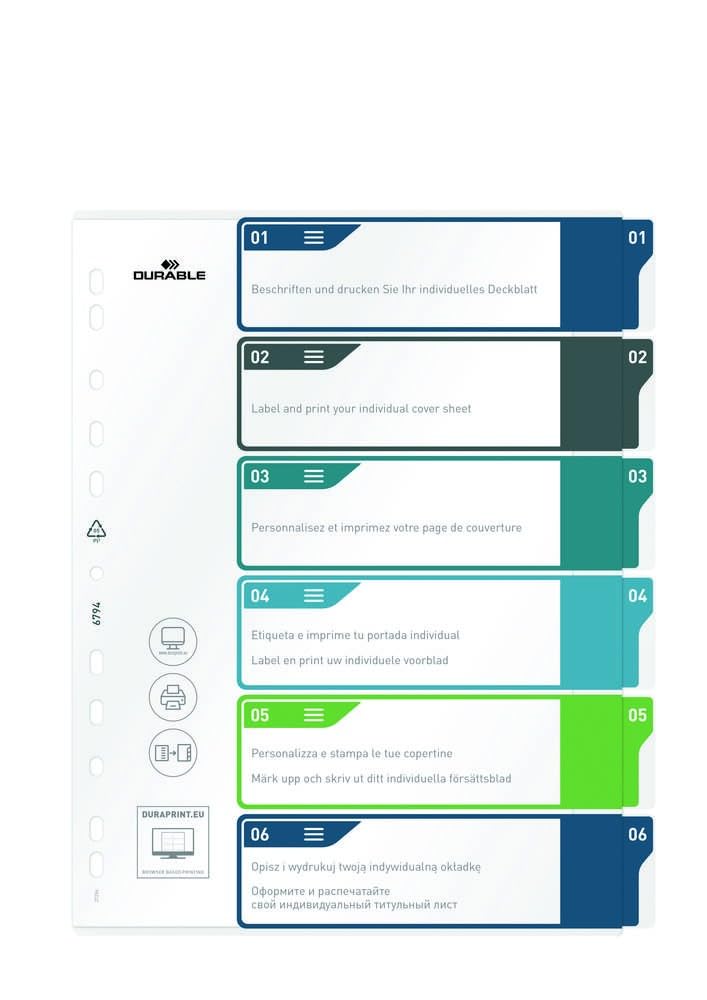 Durable Index Set 1-6 A4+ Portrait - Writable Index Organisation Sheet - 100% Recyclable - Perfect For Organising A4 Documents - Multicoloured