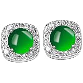 14K Gold Jade Stud Earrings, Moissanite Bezel Jade Stud Earrings, Beautiful Jewelry Gift for Mother, Wife, Girlfriend