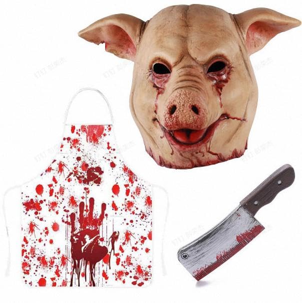 Joyincoser Scary Pig Mask Halloween Costume Set Bloody Apron Fake Killer Horror Mask for Adults Halloween Costumes Party Cosplay Props