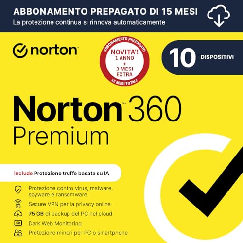 Norton 360 Premium 2026| Antivirus 10 dispositivi|15 mesi rinnovo automatico|Digital Download
