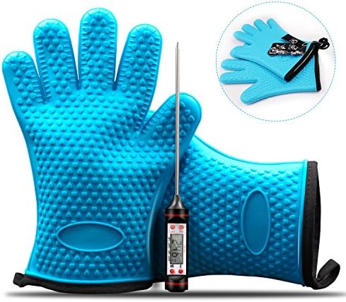 BBQ Gloves, QingZ Grill Gloves with Internal Protective Cotton Layer, Oven Mitts,Heat Resistant Silicone Gloves for Grilling,BBQ,Kitchen + Free Digital Cooking Thermometer for Food ,Meat