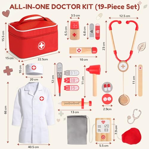 Doctor's Case Children from 3 Years, Toy from 3 Years, Wooden Doctor Case with Doctor's Coat, Doctor's Bag, Stethoscope, Thermometer, Role Play Children's Toy, Gift Children 3 4 5 Years Girls Boys