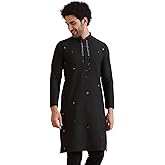 KISAH Men's Kurta – Mirror Work Embroidery Cotton Blend Tunic with Mandarin Collar, Regular Fit – Indian Wedding Outfit for Men – Festive Wear for Diwali, Eid & Celebrations, Black, 42
