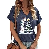 V Neck Merry Christmas Shirts for Women Bright Snowman Tree Graphic Blouse Winter Indoor Casual Tops Festival Tee