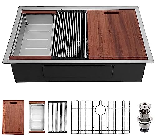 Hausinluck 32 inch Workstation Undermount Kitchen Sink, Stainless Steel Undermount Kitchen Sink 18 Gauge, Handmade Modern Single Bowl Deep Kitchen Sink with Ledge and Accessories (Pack of 5)