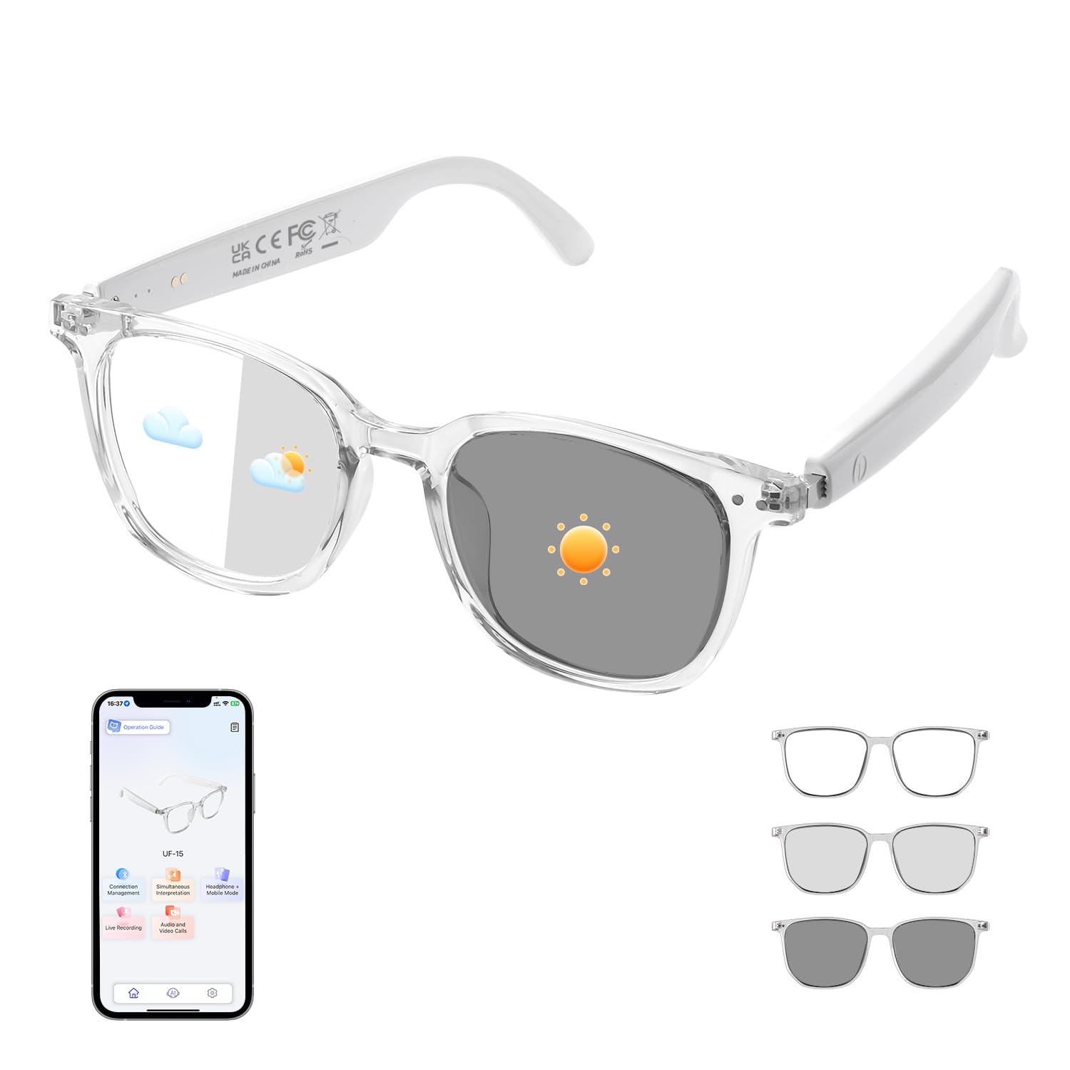 Photo 1 of AI Translator Smart Glasses, Real-Time Bilingual Translation, Simultaneous Interpretation Glasses with Photochromic Lenses Transparent Frame, 165+ Languages, Lightweight Design for Travel & Business
