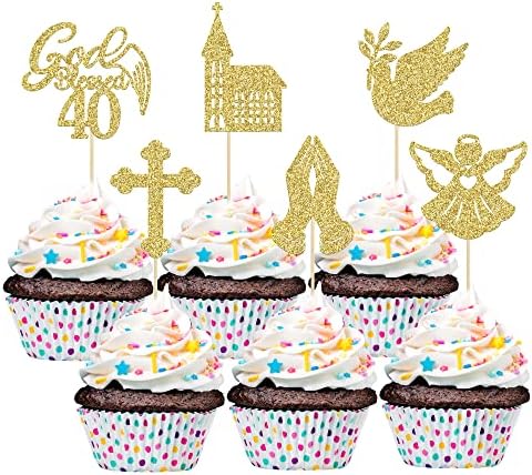 Gyufise 24 Pack Gold Glitter 40 Years Blessed Baptism Cupcake Toppers ...