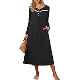 Ekouaer Women's Long Sleeve Nightgown Full Length Pajama Dress with Pockets V Neck Nightshirts Lace Trim Sleepwear