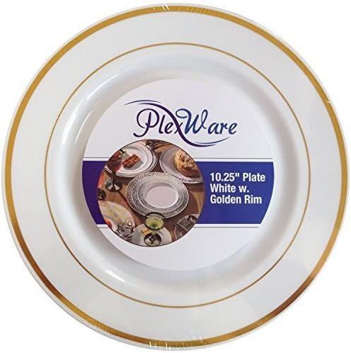 Plexware White Plastic Plates With Golden Rim 10.25 Inch-Total 120 Plates by Plexware