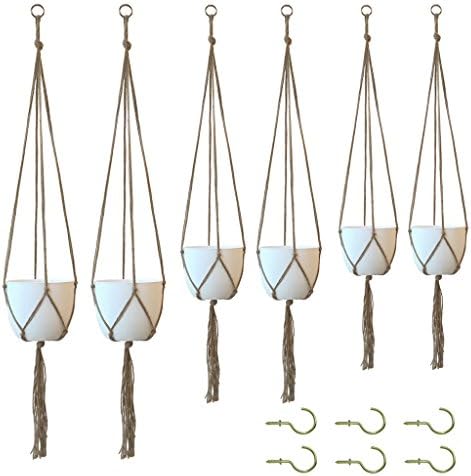 Amgate 6 Pack Hanging Planter Plants Jute Rope with 6 Ceiling Hook (No with Pot) - Macrame Pot Holder Plant Hanger Stand Accessories for 3 Different Sizes - 48" + 41" + 35"
