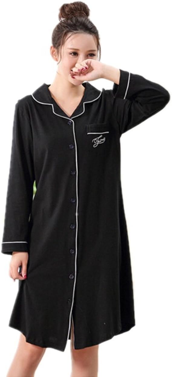 Amazon レディース パジャマ ワンピース 長袖 前開き かわいい 綿 無地 肌さわり 純色 エレガント ソフト オシャレ ルームウェア 部屋着 便利服 ふんわり ナイトウェア ブラック ピンク ひざ丈 春 秋 女性 ネグリジェ プレゼント Xxl ブラック ルームワンピース