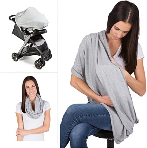 Nursing Scarf Breastfeeding Cover – Car Seat Cover Canopy, Stroller, Multi-Use Stretchy Breathable Lightweight Shawl for Girls and Boys (Grey)