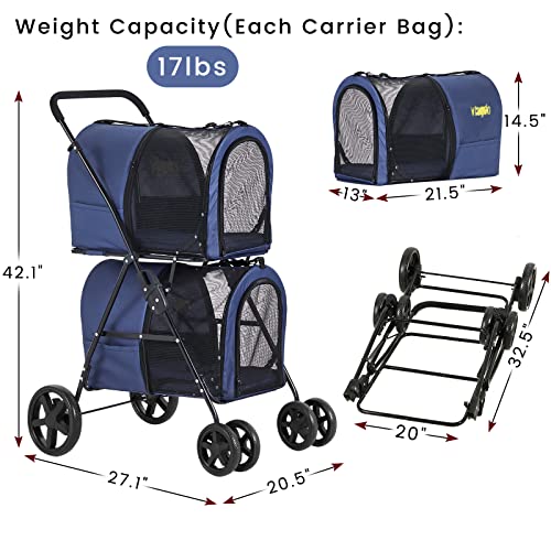 VIAGDO 4in1 Double Pet Stroller For Dogs And Cats, 2 Detachable
