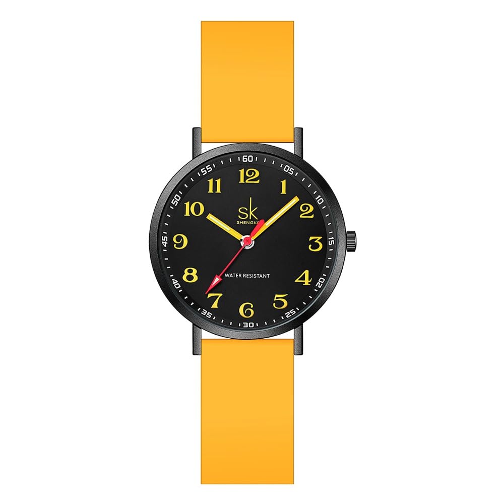 SHENGKE Casual Fashion Women Sport Watch Sweat Resistant Students Watch with Easy Read Dial and Silicone Band,Water Resistant(Black Yellow)