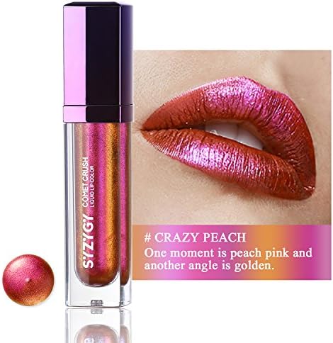 SYZYGY Liquid Lipstick, Duochrome Holographic Long Lasting Metallic Lip Color , Iridescent Glitter Lip Gloss, Crazy Peach