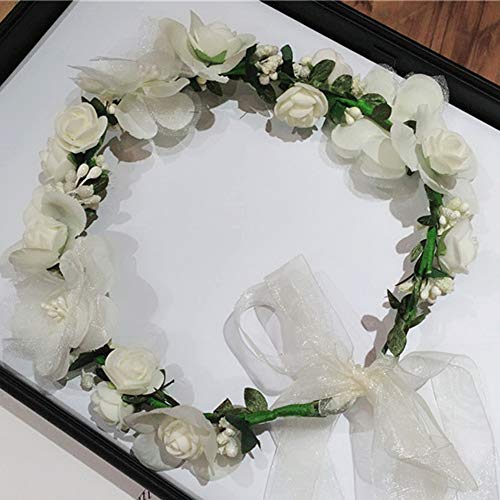 Flower Crown Headband Wreath Garland Hair Bands Floral Wedding Bridal Hair Hoop Women Leaf Ribbon Party Decoration Headdress Headwear Christmas Handmade Headpiece Hair Accessories 2 Pack Beige - Thumbnail 4