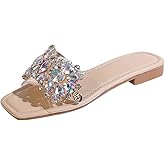 Verdusa Women's Rhinestone Clear Flat Sandals Square Toe Slide Sandals