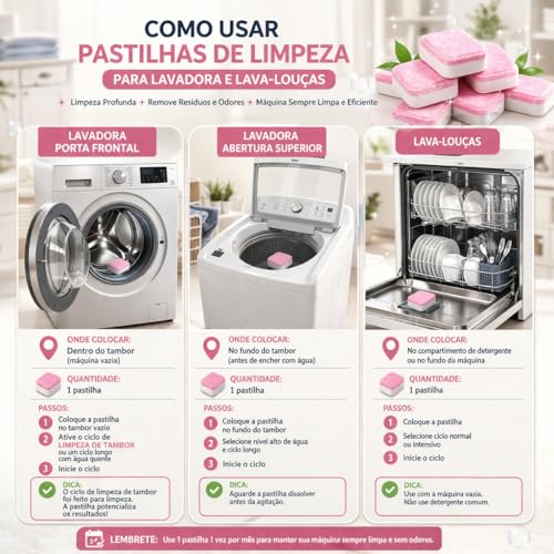KIT com 30 Pastilhas Efervescentes de Limpeza para Máquina de Lavar Roupas e Louça, Remove Resíduos e Odores, Biodegradável, Potente, sem Perfume