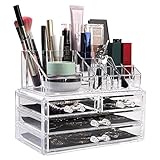 HOMFA Clear Acrylic Cosmetic Organizer Makeup Holder Display Jewelry Storage Case 4 Drawer for Lipstick Liner Brush Holder