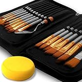 Artist Paint Brush Set – 15 Different Shapes & Sizes – Free Painting Knife & Watercolor Sponge – No Shed Bristles – Wood Handles – for Creative Body Paint, Acrylics & Oil