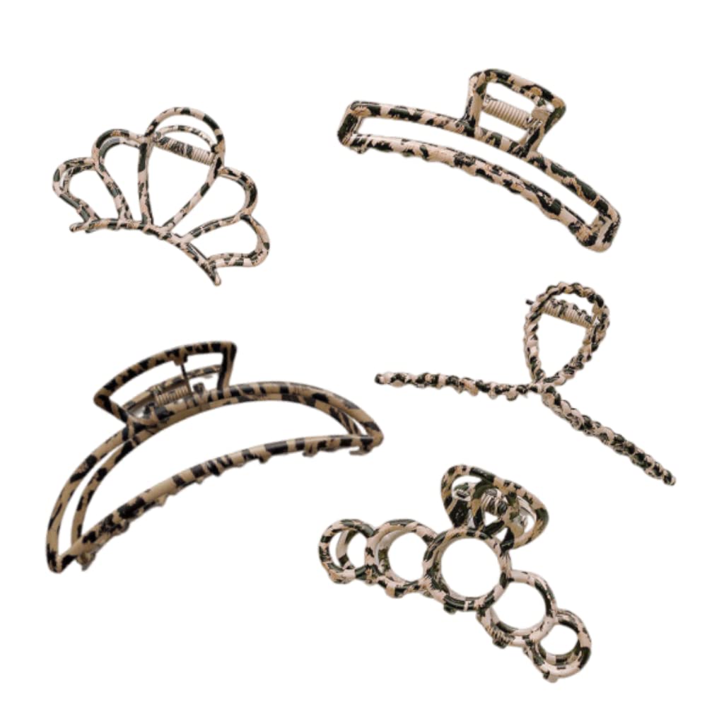FEIFEI’S BOW 5PCS Large Brushed Metal Claw Clips Hollow Non-slip Hair Catch Barrette Jaw Clamp Hairpins for Fixing Hair Women Girls Thin Thick Hair (Leopard Set)
