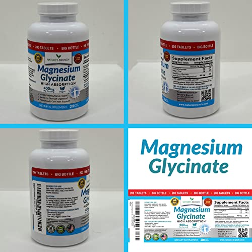 Magnesium Glycinate 400 mg 200 Tablets High Absorption, Non