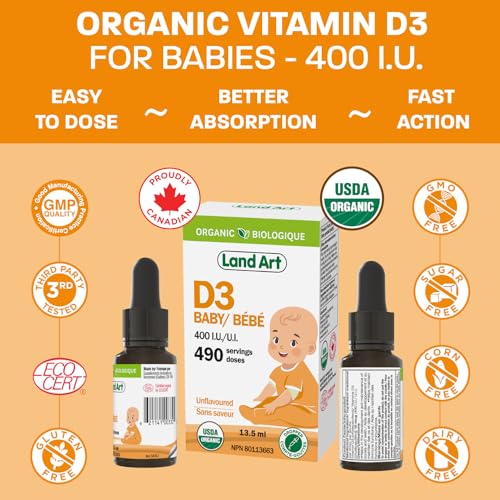 Vitamin D3 Drops for Babies - Certified Organic - Bone and Teeth Development - Easy Dosing - GMO-Free - Gluten-Free - Made in Canada - Supports Immune System - 400 IU per Drop - 490 Servings - 13.5ml