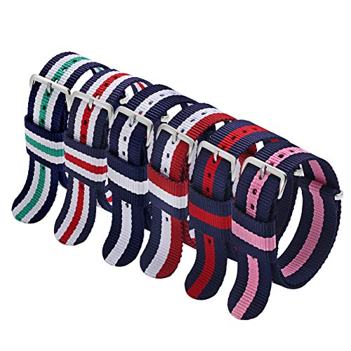 NATO Strap 6 Packs 18mm Watch Band Nylon Replacement Watch Straps for Men Women (Blue/White/ Red+ Blue/White+Blue/Pink+Blue/Red+Blue/White/Green)