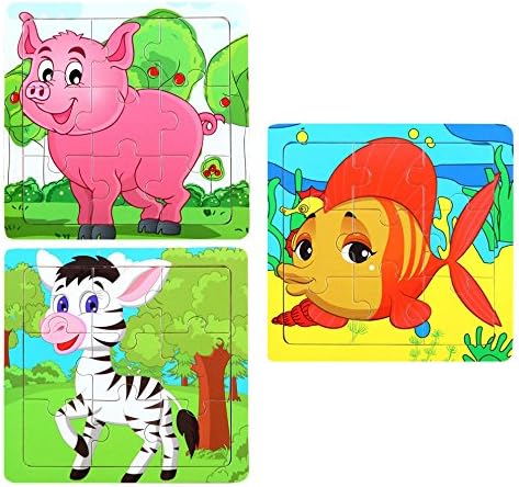 WELLSKEY Wooden Peg Puzzles Set of 3 (Fish, Pig, Zebra)
