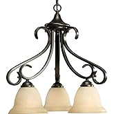 Progress Lighting P4405-77 3-Light Chandelier with Tea Stained Bell-Shaped Glass Bowls and Squared Scrolls and Arms, Forged B