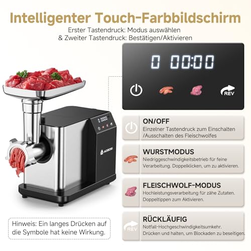 AAOBOSI Electric Meat Mincer [3000 W MAX] with LED Display, 3 Speeds, Meat Grinder with Anti-Clogging Technology, Built-in Storage Box, Sausage Filler & Kibbe Making for Home Use