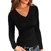 Afibi Women Ribbed Long Sleeve V Neck Slim Fit Stretchy Basic T Shirts Tops