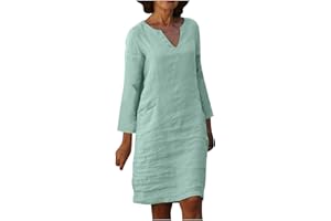 Gamivast Women 3/4 Sleeve Cotton Linen Midi Dress Ladies Casual Vintage Solid Notch V Neck Dress Semi Formal Cocktail Dress