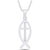 AFFY Cross Pendant Necklace for Women, 14K Gold Plated 925 Sterling Silver with Christian Fish Charm, Religious Faith Jewelry Gift with 18" Chain
