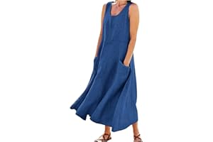 ZXCTKA Summer Dresses for Women 2024,Casual Linen Print Boho Sundress O Neck Sleeveless Pockets Beach Vacation Maxi Dresses