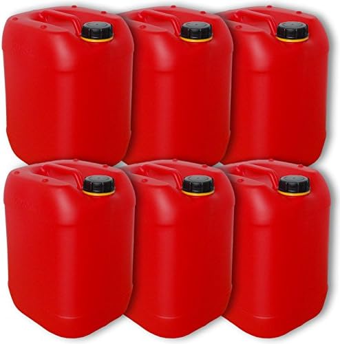 Lot of 6 cans - plastic jerrican 20 L, red, DIN 61 closure, with handle and cap, excellent quality made in Germany (6x22025)
