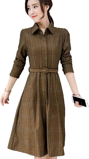 Amazon Co Jp レディース ファッション ワンピース シャツワンピース 春と秋のドレス チェックのワンピース ファッションのワンピース 長袖 膝丈 ドレス ひざ丈 ワンピ Aライン ベルト付き お洒落 M 2xl 服 ファッション小物