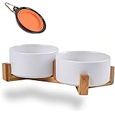 Petygooing Dog Bowls,White Ceramic Cat Dog Bowl Set with Wood Stand for Food and Water Feeder, Modern Pet Dish Set for Cats and Small Size Dogs Puppy (13.5OZ/5.1 in)