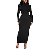 Women's Long Sleeve Bodycon Dress Maxi Mock Neck Fall Winter Casual Club Party T Shirts Tight Dresses