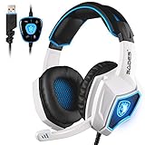 2017 New Updated SADES Spirit Wolf 7.1 Surround Stereo Sound USB Computer Gaming Headset with Microphone,Over-the-Ear Noise Isolating,Breathing LED Light For PC Gamers (Black White)