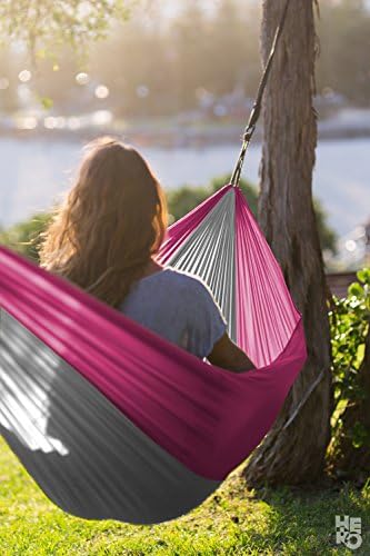 SALE! CAMPING HAMMOCK - for adults, kids and teens - the popular Mini-Hero by Hero Hammocks is our smaller size for travel - nylon fabric - 400 pound capacity - 9 feet x 4.5 feet (Pink/Grey)