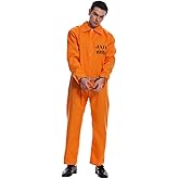 PGOND Men Prisoner Costume Inmate Jumpsuit Adult Orange Jail Halloween Cosstume