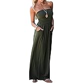 PRIMODA Womens Strapless Tube Top Maxi Dress Floral Boho Beach Dress with Pockets