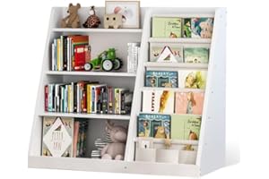 EXPERLAM Kids Bookshelf and Toy Storage Organizer, 4 Tier Wooden Kids Book Shelf with Sling Book Rack in Kids Room Playroom Nursery for Kids, Children, Toddlers, White